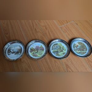 Set of Vintage Silver Rimmed Coasters with Scenic Design
